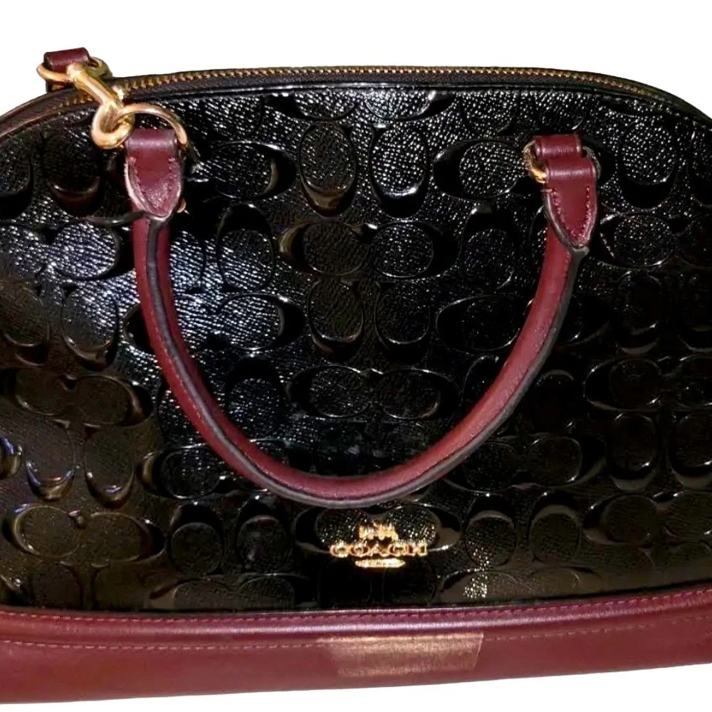 👜♥️ COACH Sierra Leather Satchel Handbag Black/Burgundy/Gold Tone Like New ❤️👜